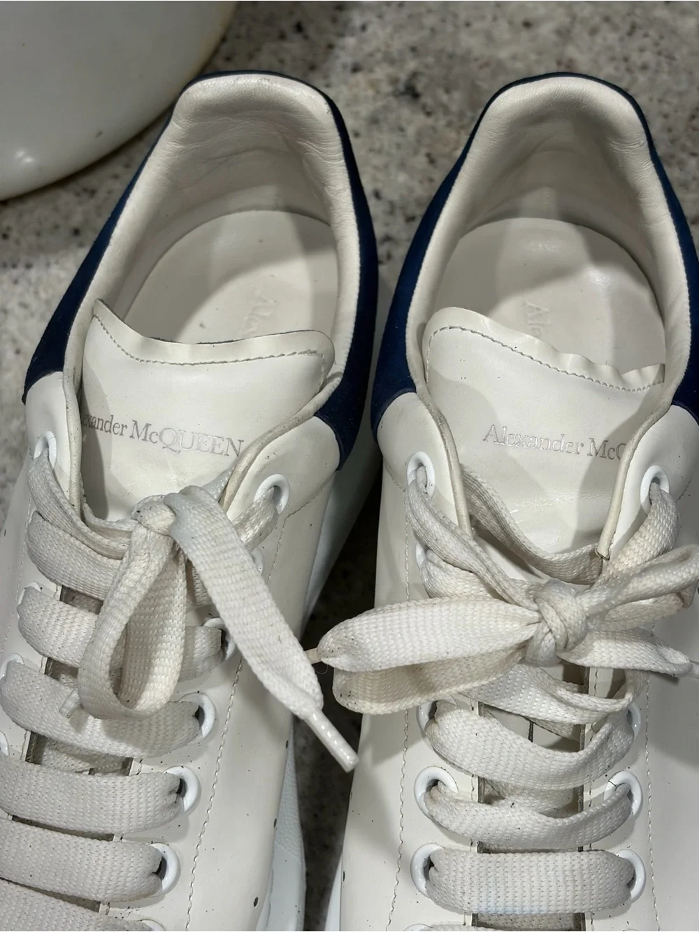 Alexander McQueen Off-White Leather Sneakers with Navy Heel